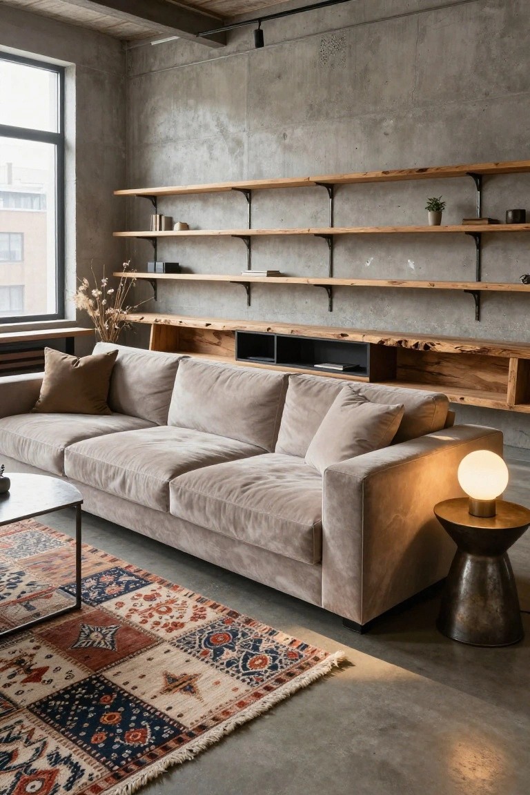 Modern loft with beige velvet sofa, wooden shelves, and patterned rug.