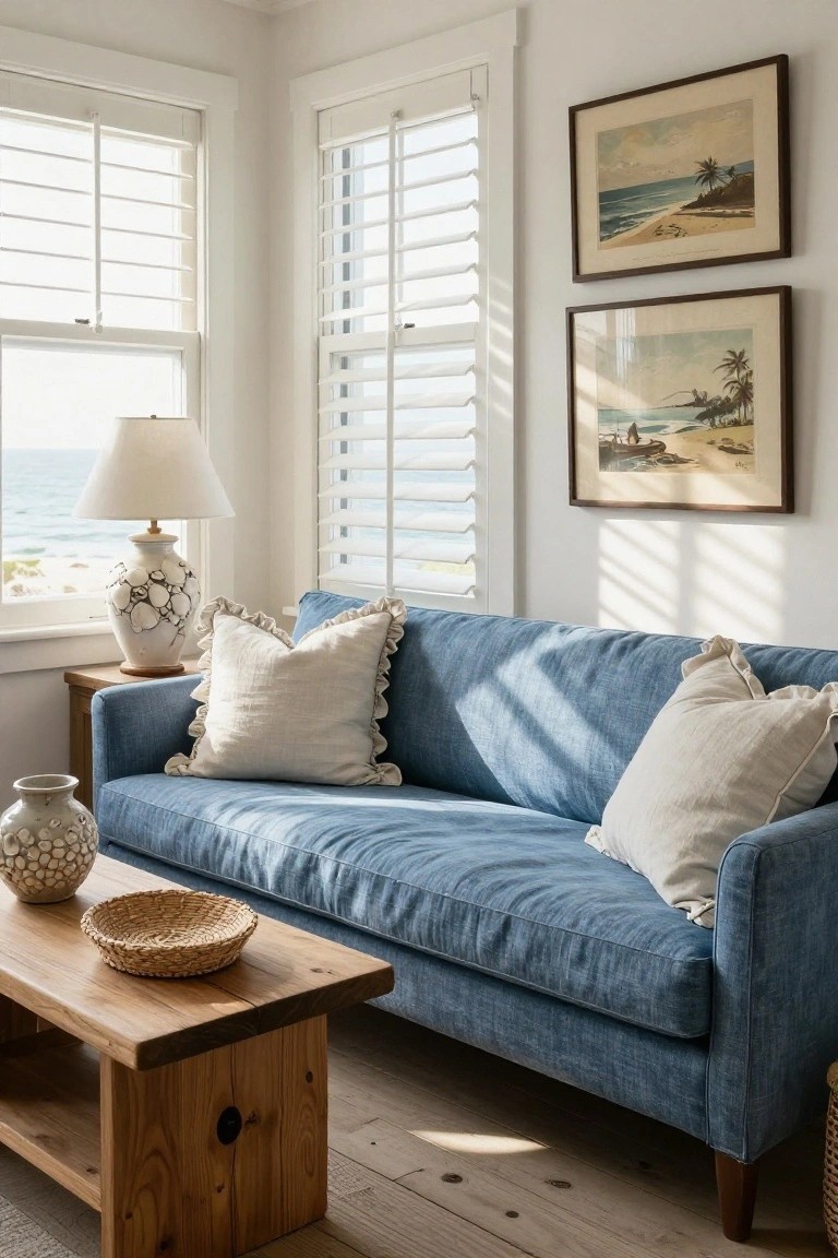 Light blue linen sofa with ruffled white pillows in a corner by large white-framed windows overlooking the ocean, next to a wood coffee table, lamp, and coastal paintings on white walls.