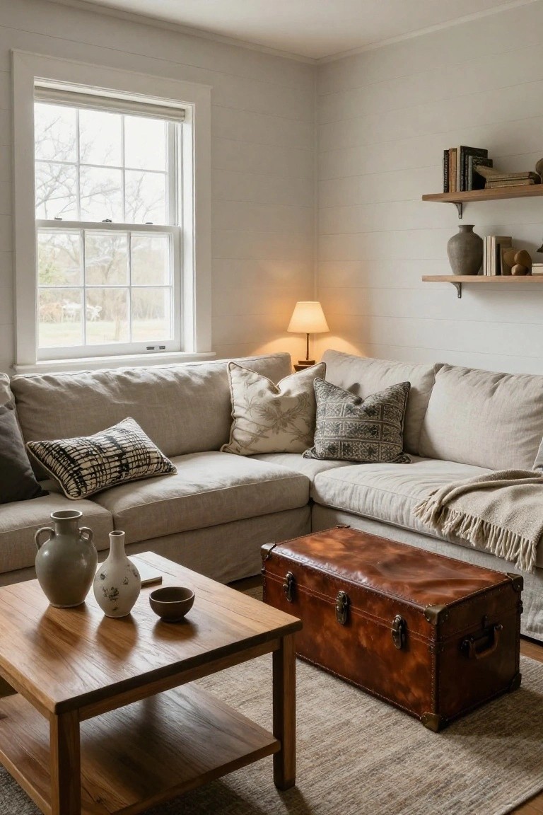 Light beige linen L-shaped sofa in a white shiplap corner room next to a large multi-pane window, with wooden coffee table, brown leather trunk, pottery vases, neutral pillows, wall shelves, and table lamp.