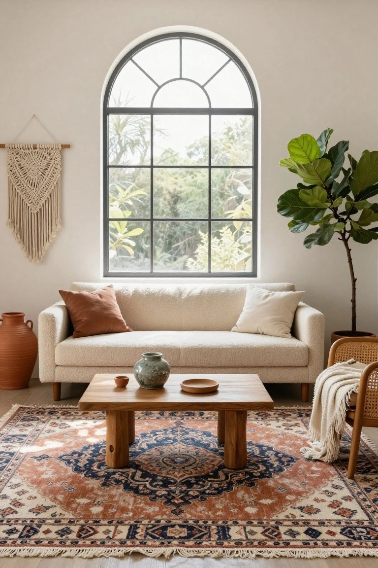 Cozy living room with arched window, beige sofa, wooden coffee table, and patterned rug.