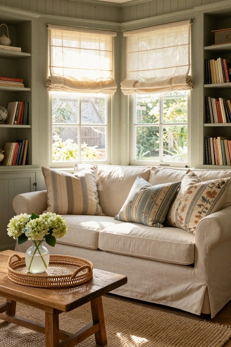 A cream slipcovered two-seater sofa with striped and floral pillows sits in a bay window corner surrounded by sage green built-in bookshelves, facing a wooden tray table with a vase of white hydrangeas on a seagrass rug.