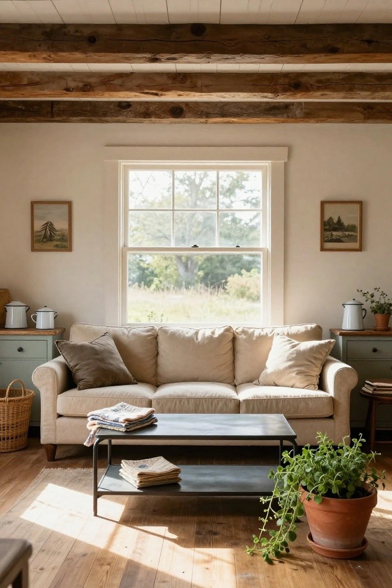 A beige three-seater sofa sits directly in front of a large multi-pane window in a rustic living room with exposed wooden beams on the ceiling, flanked by wooden end tables holding white enamelware pots, a low black metal coffee table with stacked newspapers and magazines, wicker baskets, and potted plants on the wooden floor.