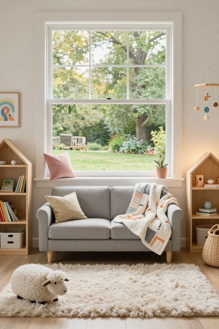 Gray two-seater sofa positioned in front of a large multi-pane window in a light nursery room with wooden house-shaped bookshelves, colorful books, a pink pillow, a quilted blanket, potted plant, hanging mobile, and a white fluffy sheep toy on a cream rug.