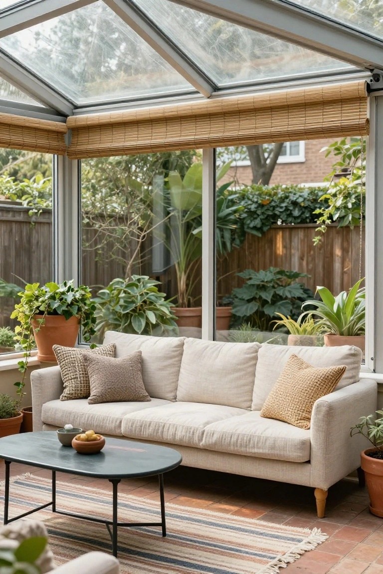 Cream fabric sofa with textured pillows and a low teal coffee table on a terracotta floor in a glass conservatory filled with potted plants, with garden visible through the windows and bamboo blinds overhead.