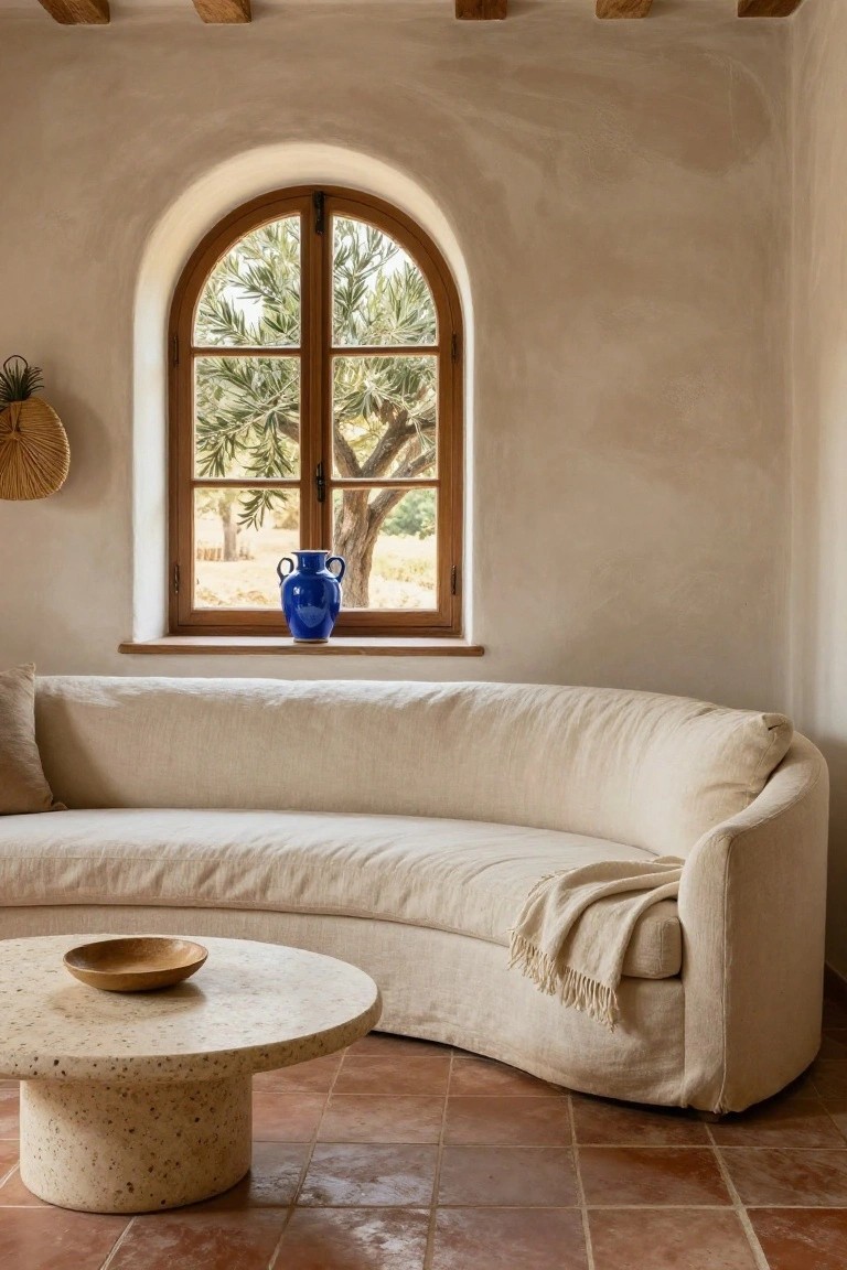 Curved beige linen sofa positioned along a wooden window sill next to an arched window showing olive trees outside, with a blue vase on the sill and a round stone coffee table in front.