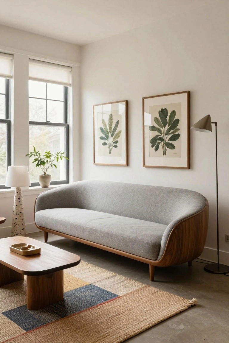 A light gray curved sofa with wooden arms sits in a corner near two large windows with sheer roller blinds in a minimalist living room with botanical art prints, a floor lamp, and a seagrass rug.