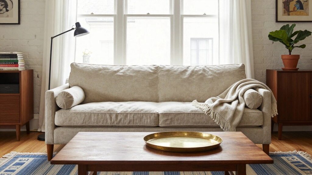 Beige slipcovered sofa in front of a large window with sheer white curtains in a living room with exposed white brick walls, wooden credenza and coffee table, black floor lamp with potted plant, bookshelves, and blue patterned rug on wood floor.