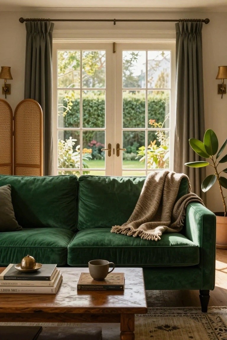 Green velvet sofa in front of French doors with gray curtains overlooking a garden, wooden coffee table with books and mug, potted plant, rattan screen, and brass lamp on side table.