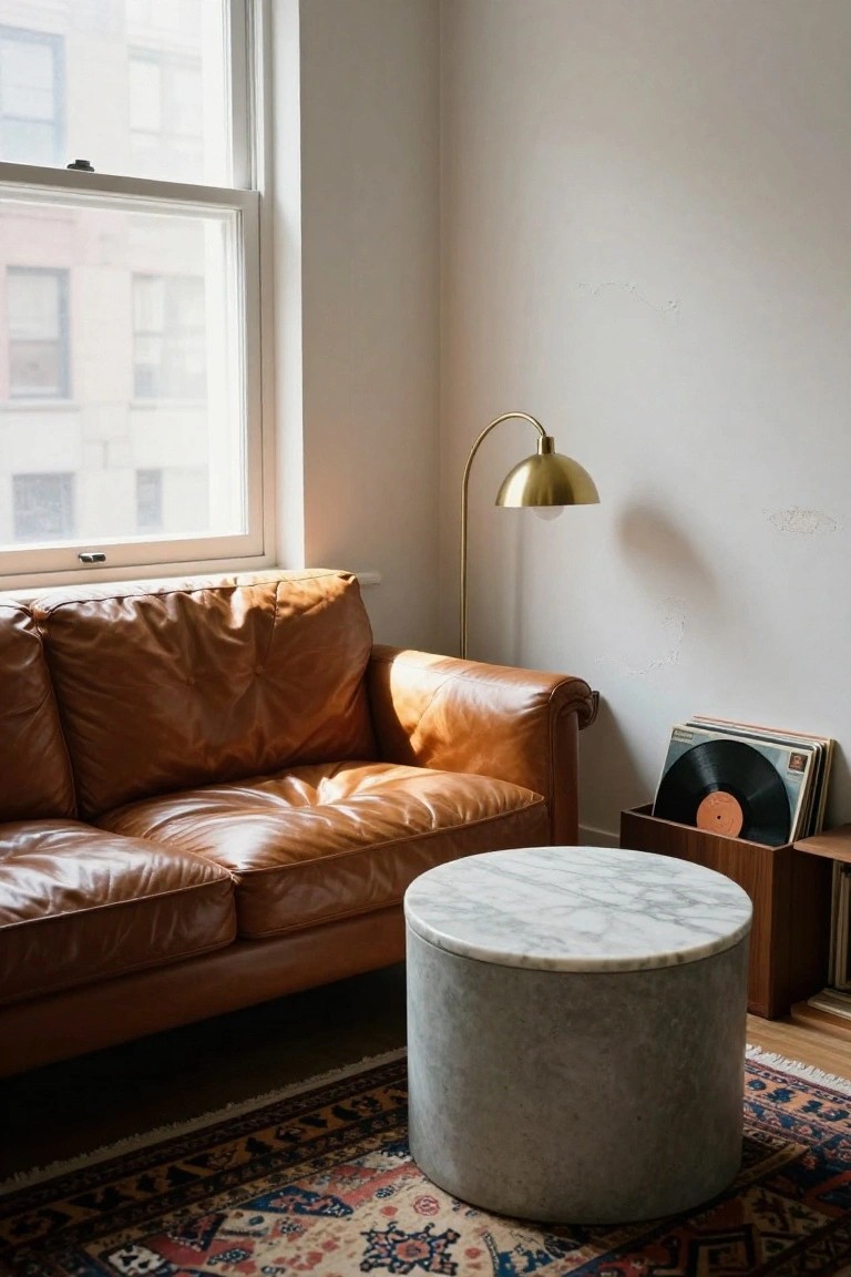 Tan leather two-seater sofa positioned next to a large white-framed window in a white-walled room, with a gray cylindrical stool topped by white marble, gold arc lamp, wood shelf holding vinyl records, and patterned rug on the floor.