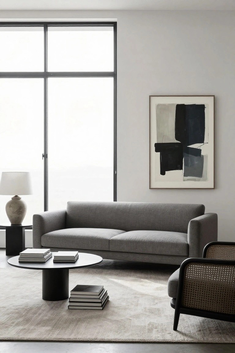 Gray fabric sofa positioned near large floor-to-ceiling windows in a minimalist living room with black round coffee table holding stacked books, ceramic table lamp, abstract painting on wall, and rattan armchair.