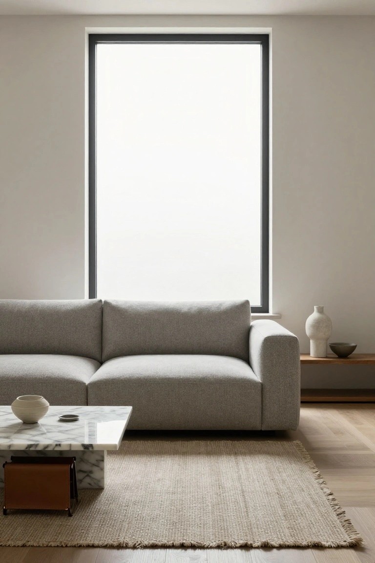 A gray modular sofa positioned next to a large black-framed floor-to-ceiling window in a minimalist living room with a white marble coffee table, beige rug, and wooden side table holding white and gray ceramics.