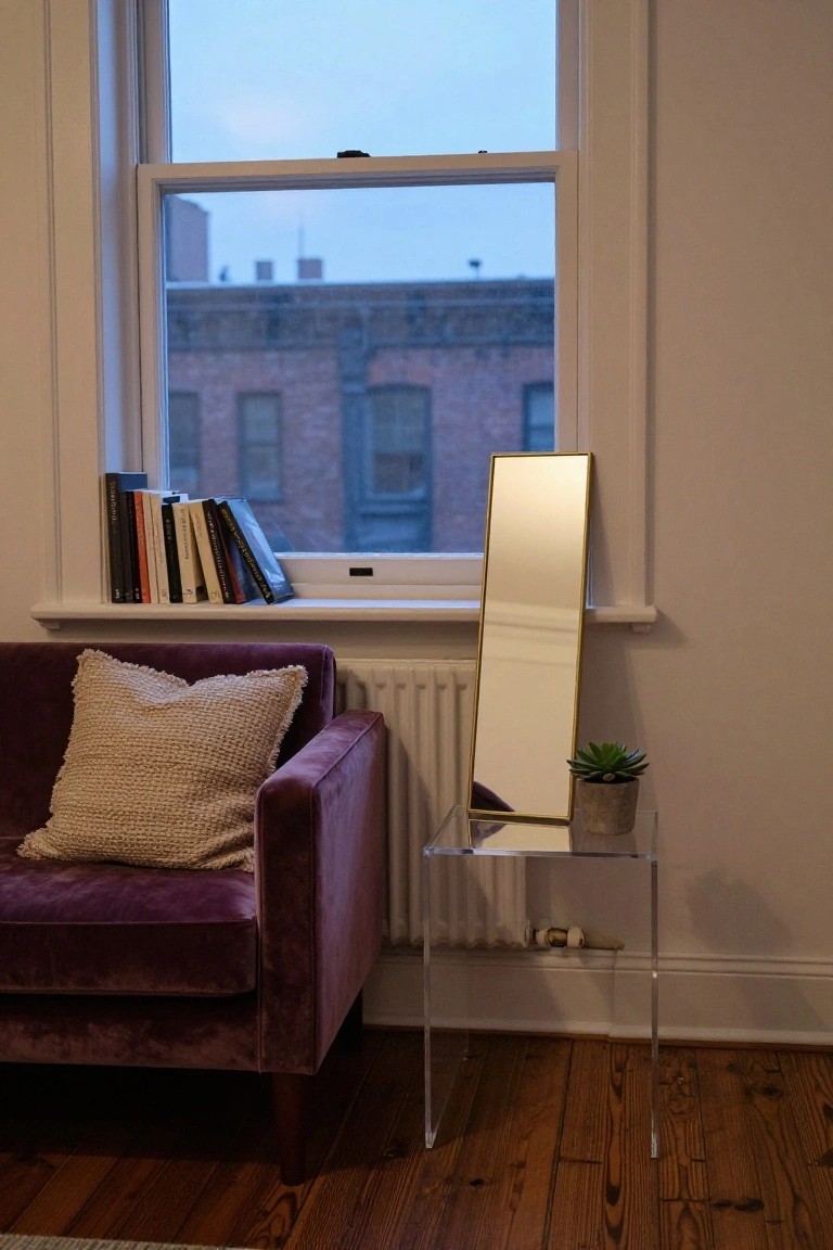 Purple velvet sofa with cream knit pillow next to a large open window with books on the sill, gold full-length mirror on clear acrylic table with succulent plant, radiator, and hardwood floors in an interior room.