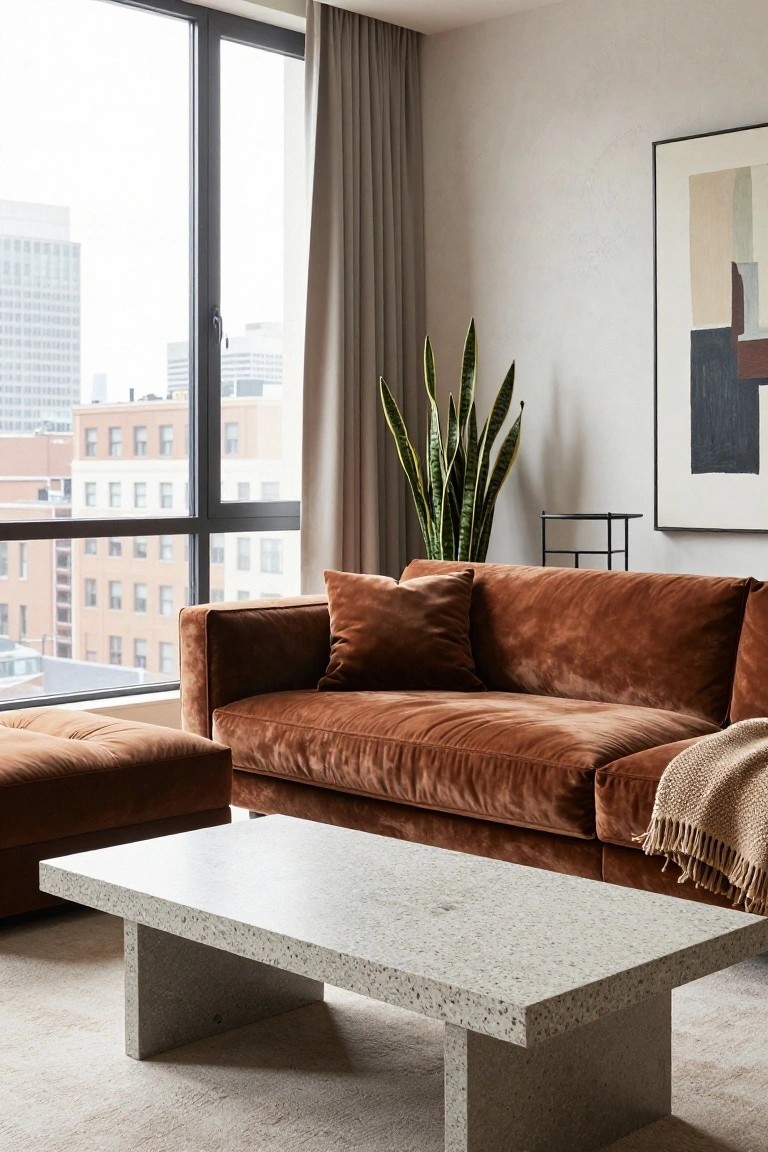 Modern living room featuring a rust-colored velvet L-shaped sofa and matching ottoman positioned near floor-to-ceiling windows with city views, alongside a concrete coffee table, snake plant, abstract artwork, and neutral tones.