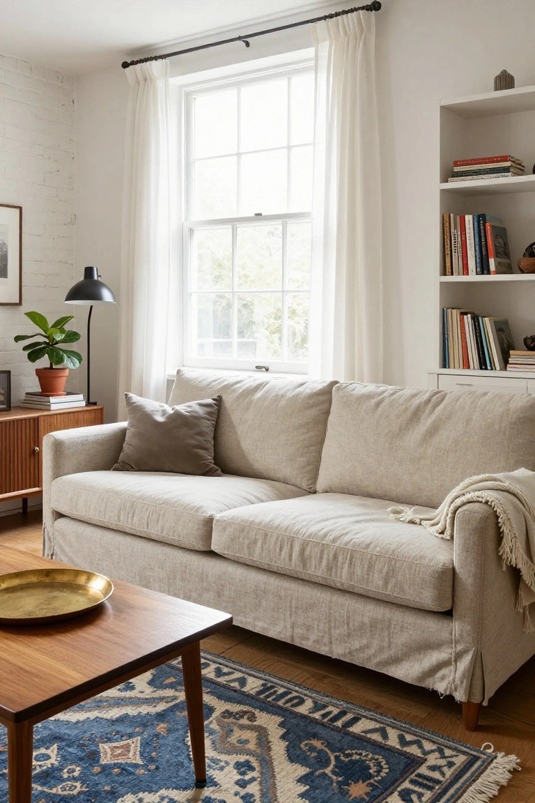 Beige slipcovered sofa in front of a large window with sheer white curtains in a living room with exposed white brick walls, wooden credenza and coffee table, black floor lamp with potted plant, bookshelves, and blue patterned rug on wood floor.