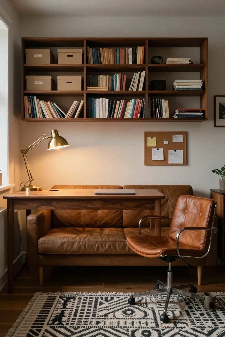 Wooden desk with laptop next to tan leather two-seater sofa and orange leather office chair in a room with tall wooden bookshelves filled with books and boxes, brass desk lamp, corkboard on wall, and potted plant near window.