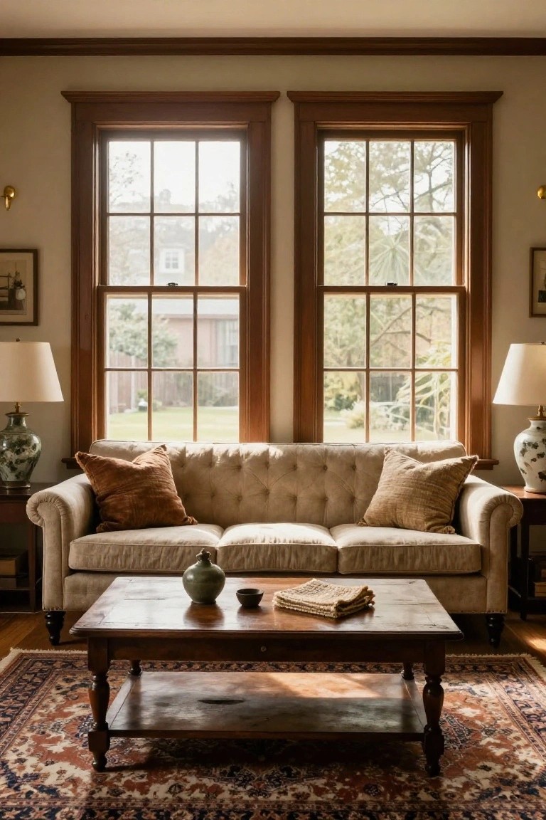 Cream tufted sofa centered in front of two large multipane windows in a living room with beige walls, wooden trim, end tables holding lamps and vases, wooden coffee table, and oriental rug.