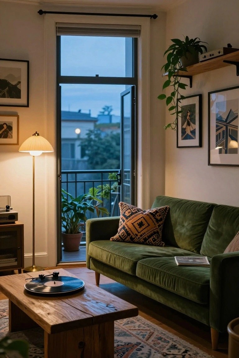 Green velvet sofa positioned next to open sliding glass doors leading to a balcony with plants, wooden coffee table holding a record player in a living room with floor lamp and framed art.