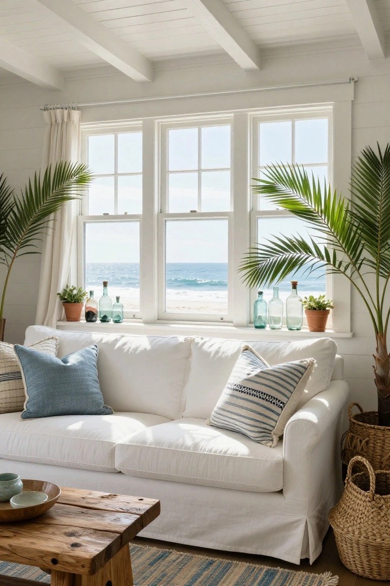 White slipcovered sofa positioned against a triple window with ocean view, flanked by potted palm plants, blue glass bottles on the sill, and a wooden coffee table with bowls in front.