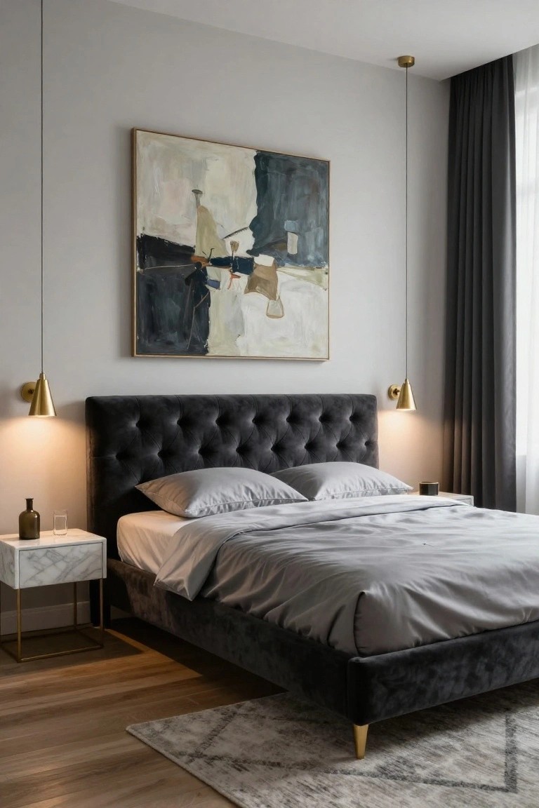 Modern bedroom with black tufted velvet upholstered bed frame on gold legs, gray silk sheets and pillows, marble nightstand with glass and bottle, gold wall sconces, large abstract painting, light gray walls, dark curtains, and light wood floor with gray rug.