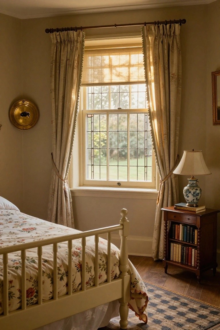 A bedroom corner with a white wooden spindle twin bed frame covered in floral bedding, positioned near a tall window with cream curtains, a bedside table holding books and a blue vase, and warm wooden floors.