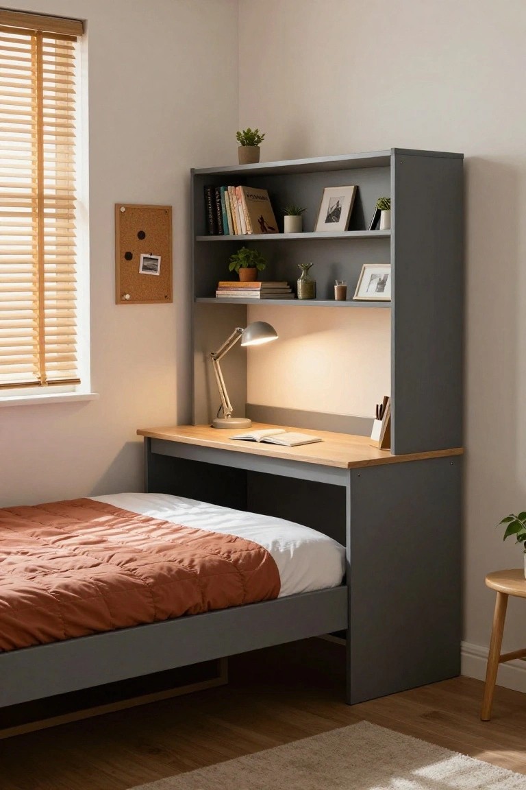 A gray twin bed frame integrated with a wooden desk surface and open shelving unit positioned against a wall in a light bedroom with beige walls, wooden floors, and a potted plant nearby.