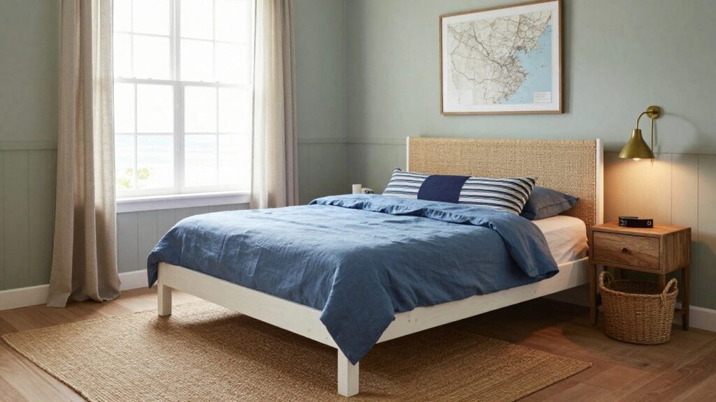 20 Stylish Twin Bed Frame Ideas Perfect for Guest Rooms Bedroom with rattan headboard on white wooden bed frame, blue linen duvet and pillows, wooden nightstand, gold wall sconce, teal walls, sheer curtains on large windows overlooking ocean, seagrass rug on wood floor.