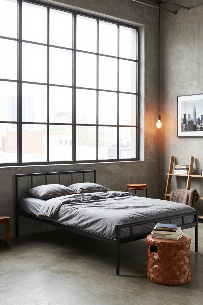 A loft bedroom with exposed concrete walls, large grid windows overlooking buildings, a black metal bed frame with gray bedding and pillows, wooden stools, a woven ottoman with books, and a ladder shelf.