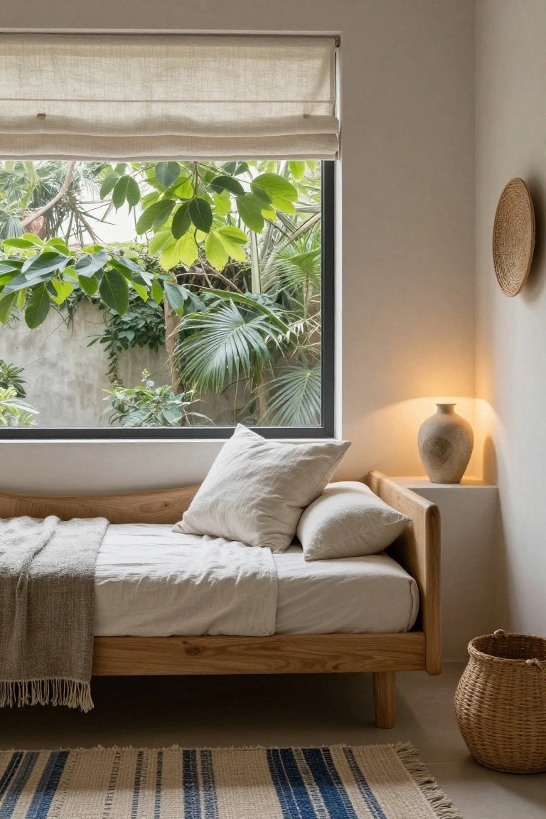 A minimalist bedroom with a low wooden platform twin bed draped in white sheets and a gray throw, beside a large window showing tropical greenery, a ceramic lamp on a shelf, a woven basket, and a blue-striped rug on the floor.