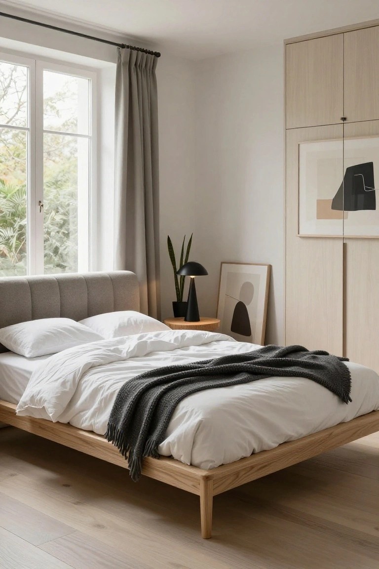 Bedroom interior with low oak platform bed topped by white duvet and pillows plus gray knit throw, gray upholstered headboard, wooden nightstand holding black lamp and plant, large window with gray curtains showing greenery outside, light oak wardrobe against wall.