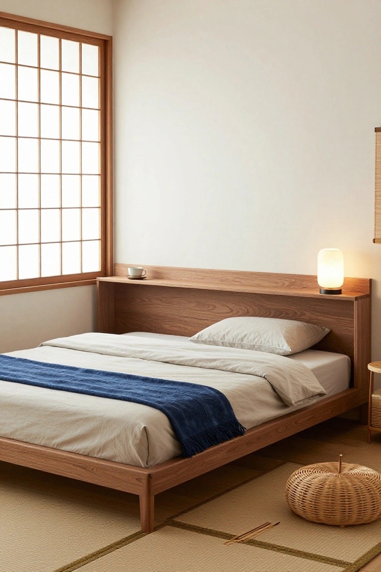Minimalist bedroom with low oak platform bed, integrated wooden headboard shelf holding a white lamp and teacup, white linens with blue throw, beside shoji window screens and tatami floor.