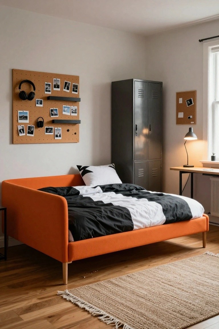 A small bedroom with an orange upholstered daybed frame covered in black and white bedding, a tall gray metal locker cabinet, corkboards on the walls with photos and headphones, a wooden desk with lamp, and light wood floors.
