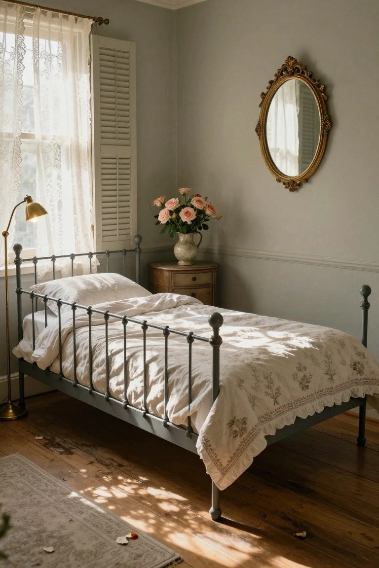 Gray painted iron twin bed frame with white floral duvet and pillows in a pale gray bedroom with sheer lace curtains on a shuttered window, brass arc lamp, pink roses in a jug on a wooden dresser, and ornate gold mirror on the wall.