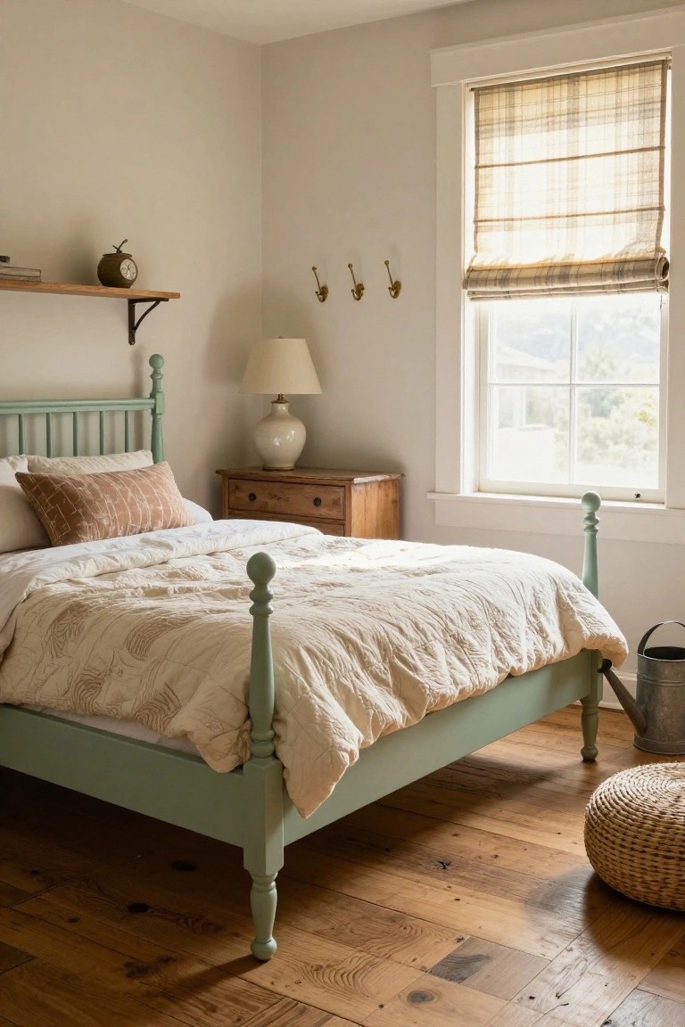 Bedroom corner with mint green painted wooden poster bed draped in white quilted bedding, wooden dresser and lamp nearby, hardwood floor, woven window shade, and wall hooks.
