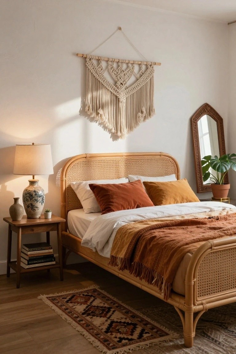 Bedroom with rattan bed frame featuring cane headboard and footboard, white sheets with rust and mustard pillows, wooden nightstand holding lamp vase books and succulent, macrame wall hanging, potted monstera plant, and arched wood mirror.