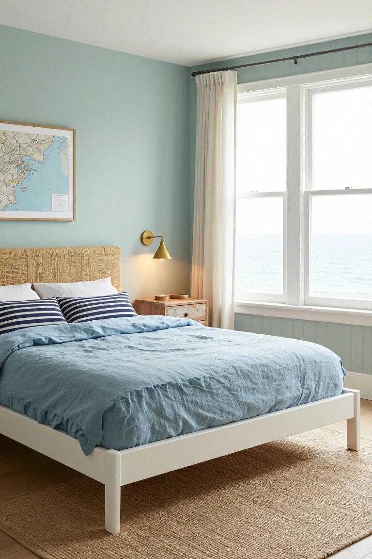 Bedroom with rattan headboard on white wooden bed frame, blue linen duvet and pillows, wooden nightstand, gold wall sconce, teal walls, sheer curtains on large windows overlooking ocean, seagrass rug on wood floor.