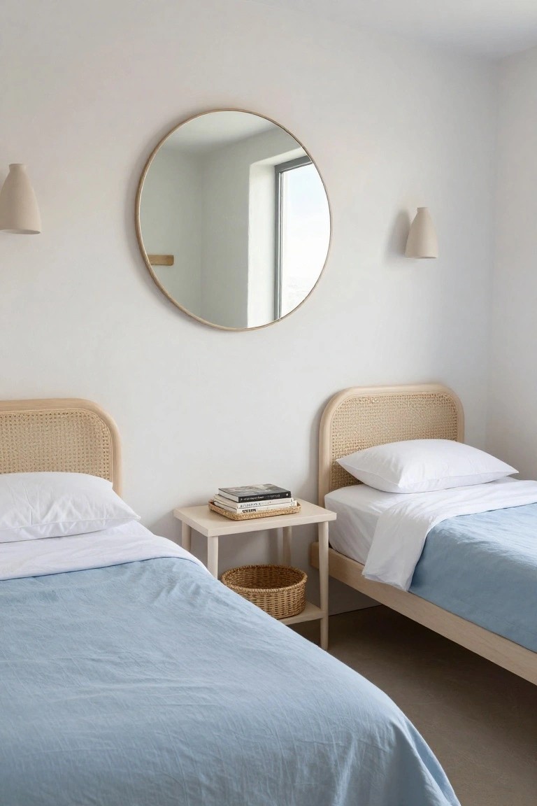 A minimalist guest room with two twin beds that have matching rattan headboards, white bedding on one and light blue linens on the other, a round gold-framed mirror on the wall, beige wall lamps, and a small white side table with books and a basket.