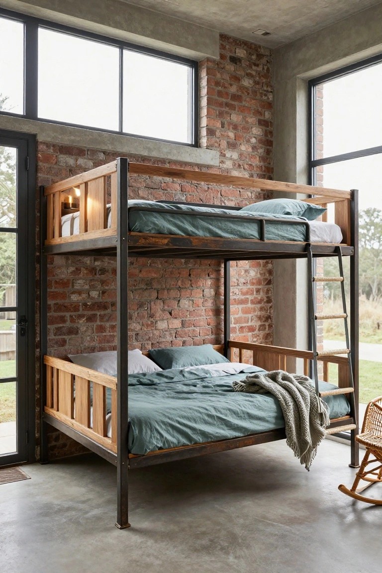 Bunk bed with black metal frame, wooden headboards and ladder, teal bedding on both levels, in industrial room with brick walls, concrete floor, large windows, and rattan rocking chair.