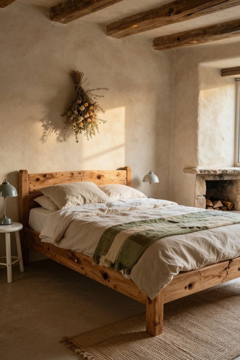 Cozy bedroom with rustic wooden platform bed frame, white linens with green throw blanket, two angled bedside lamps on white tables, dried flower bundle on wall, stone fireplace with firewood, exposed wood beams, and beige rug.