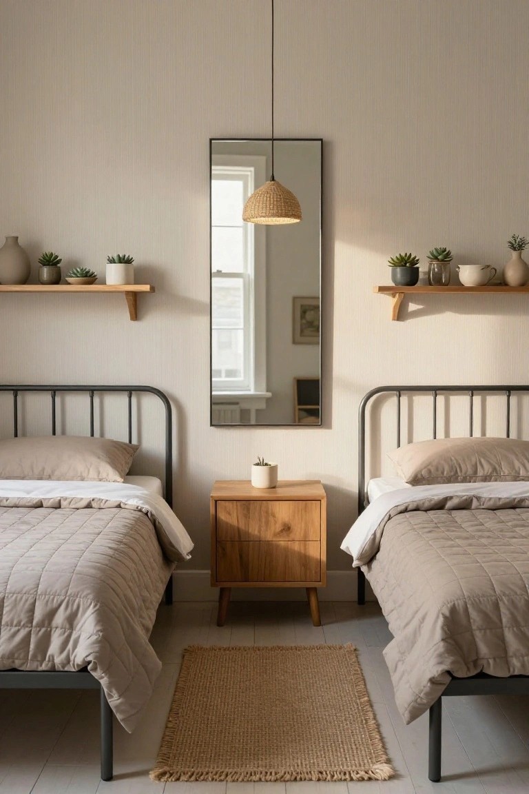 A guest room with two matching twin beds on black metal frames, beige quilts and pillows, wooden nightstand between them, floating wooden shelves holding plants and pottery, tall rectangular mirror on beige wall, and seagrass rug on floor.