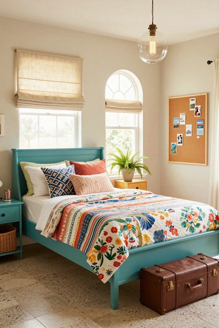 A turquoise painted wooden twin bed frame with headboard and footboard, covered in a multicolored floral quilt, next to a matching nightstand and wicker basket in a light bedroom with windows and corkboard.