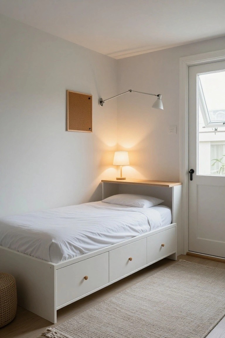 A white twin bed frame with three under-bed drawers and a wooden shelf headboard holding a table lamp, in a light gray bedroom with cork bulletin board, wall sconce, French doors to outdoors, seagrass rug, and wicker stool.