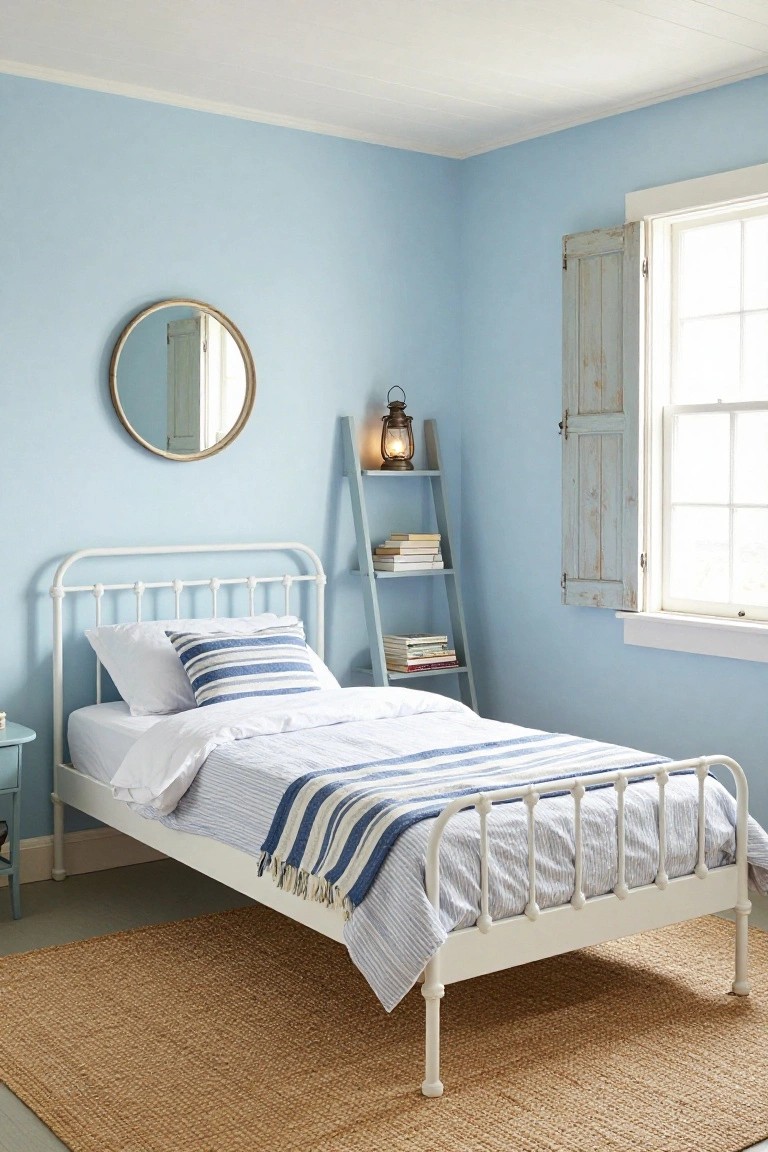 Light blue bedroom with white metal twin bed frame, white and blue striped bedding, wooden ladder shelf holding books and lantern, round wood mirror on wall, open shutters at window, and seagrass rug on floor.
