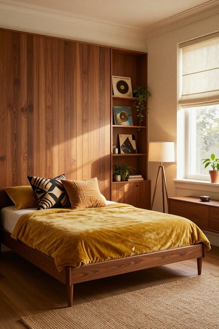 Bedroom with dark wood panel wall and built-in shelves holding vinyl records and plants, low wooden bed frame with tapered legs and yellow velvet bedding, mustard pillows, tripod floor lamp, side table, and window with sheer shades.