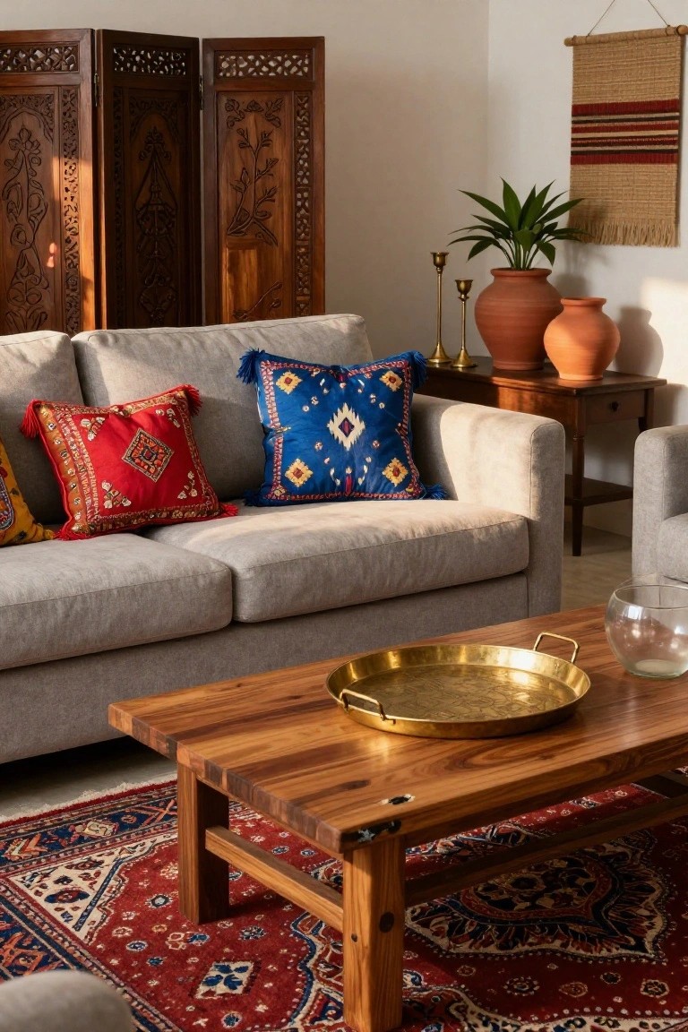 Light grey sofa with assorted colorful throw pillows in red, blue, and orange patterns, next to wooden room dividers and a wooden coffee table with brass tray in a room with terracotta pots and patterned rug.