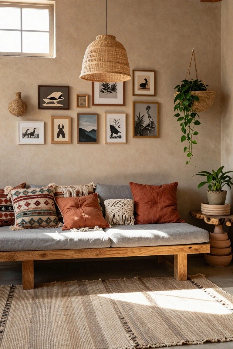 A low wooden daybed with light grey upholstery and multiple terracotta, patterned, and fringed throw pillows in a beige room with wall art, hanging plants, a basket pendant light, and a woven rug.