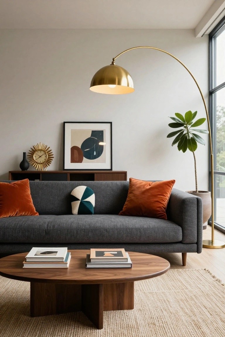 Modern living room with charcoal grey velvet sofa topped by two burnt orange velvet throw pillows and one white and green patterned pillow, wooden coffee table with stacked books, gold arc floor lamp, potted plant, and wall art.