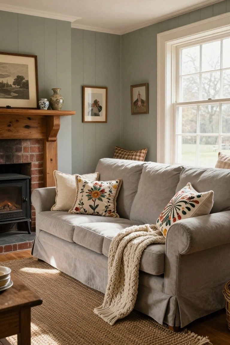 Light grey slipcovered sofa with colorful embroidered throw pillows featuring floral and geometric patterns, a cream knit blanket draped over it, in front of a brick fireplace with wood stove, sage green paneled walls, and large window.