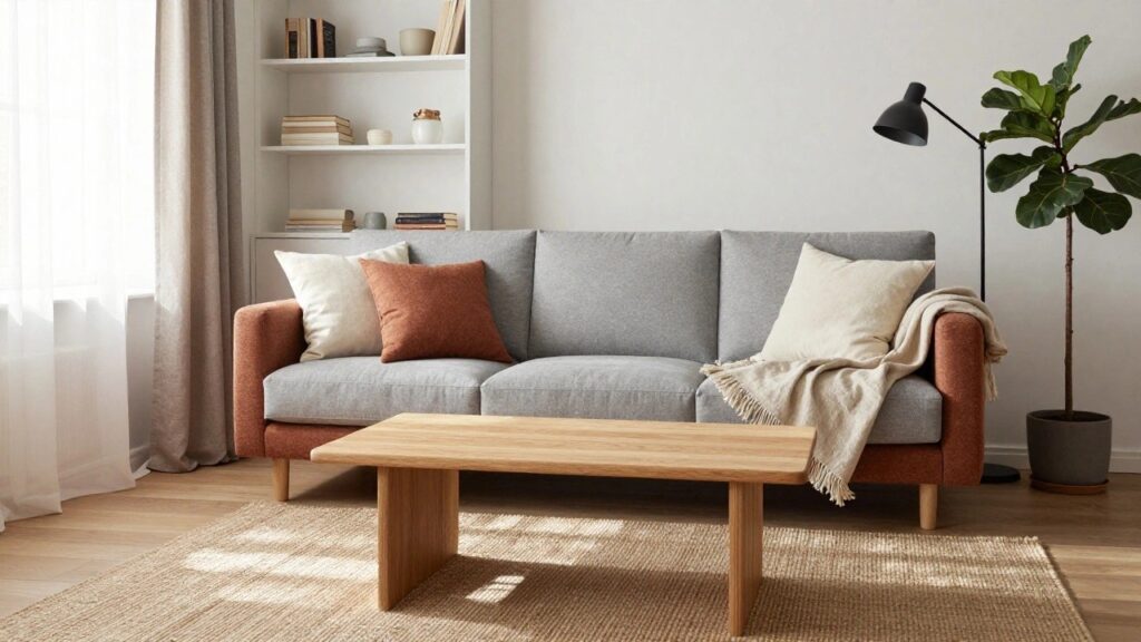 Light grey three-seater sofa with cream and rust throw pillows, light throw blanket, wooden coffee table, seagrass rug, fiddle leaf fig plant, and white built-in bookshelves in a bright living room.