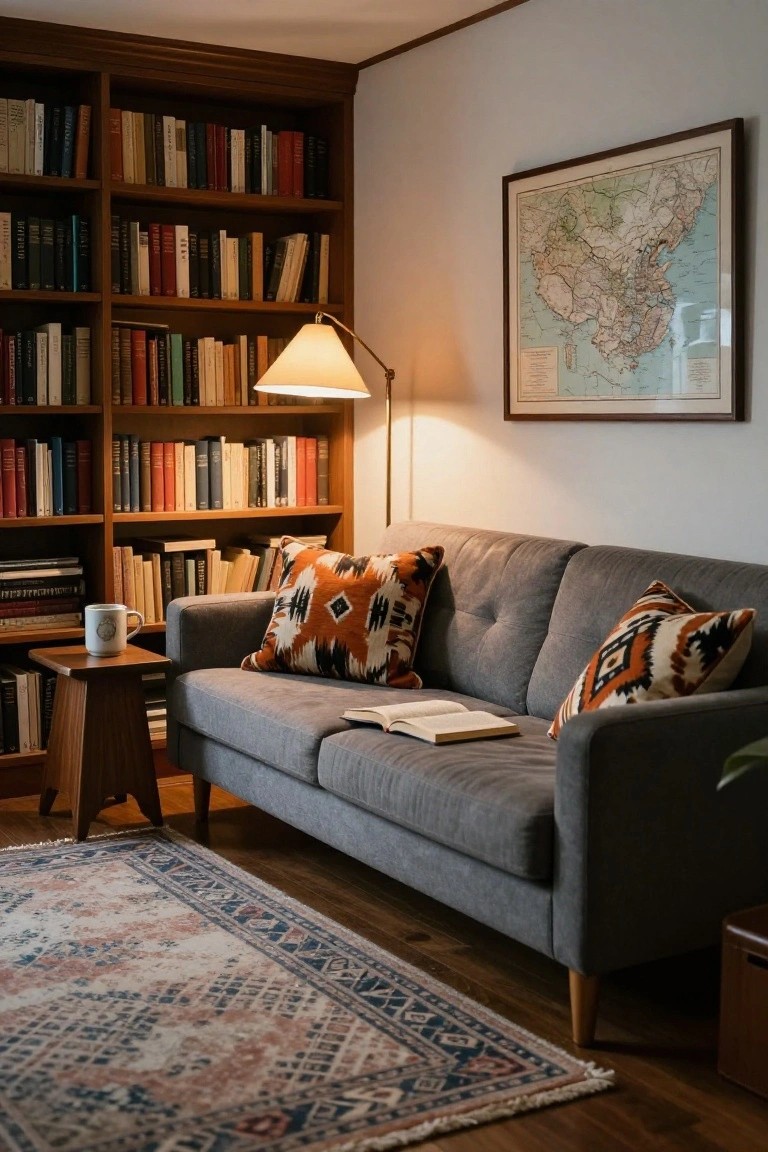 Gray tufted sofa with orange geometric patterned throw pillows, open book, side table with mug, wooden bookshelves, lamp, map on wall, and rug in a cozy room.