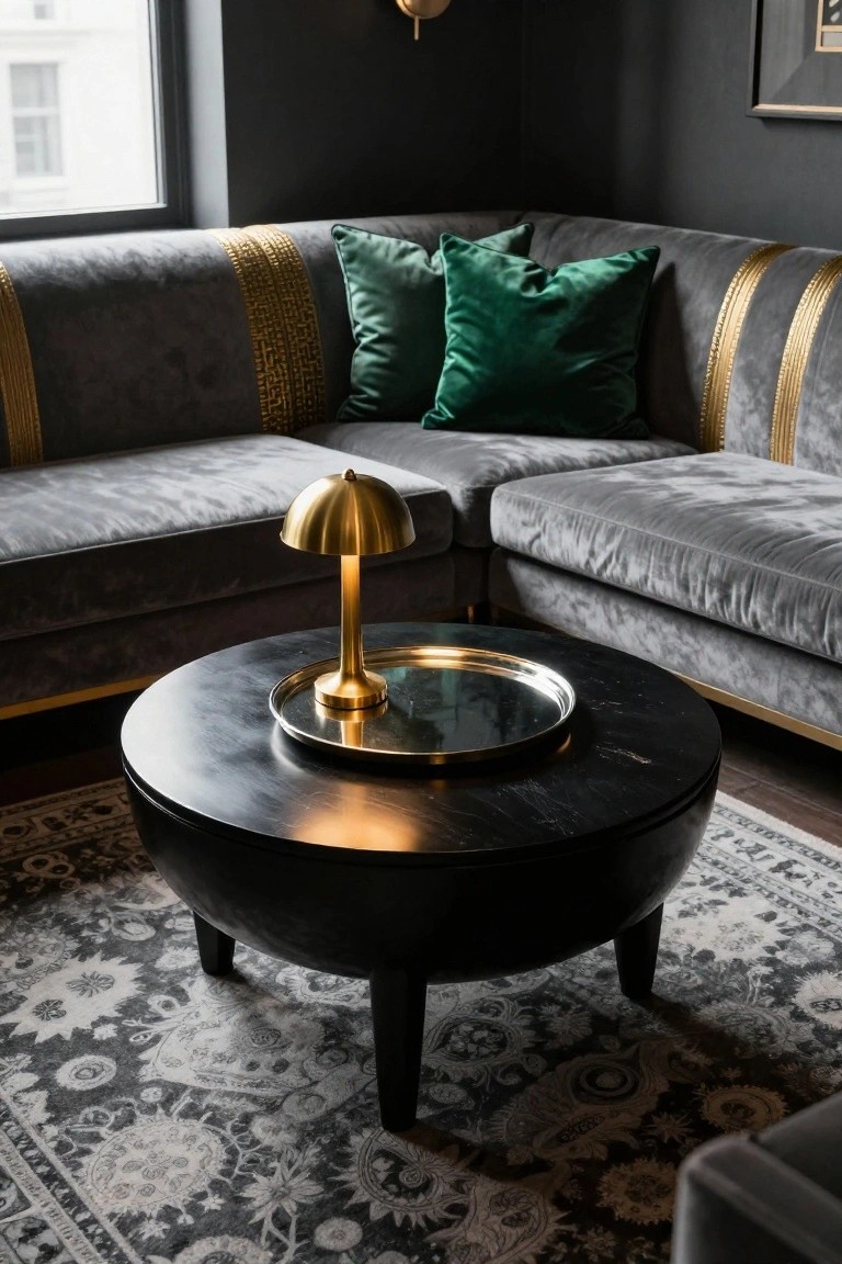 Black velvet sofa with green pillows and brass coffee table.